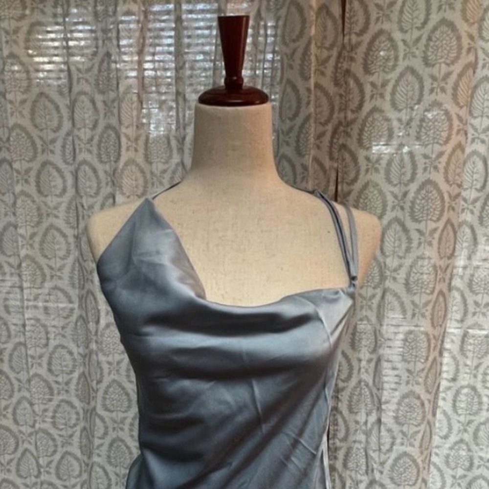 Bias Cut Satin Slip Maxi Dress Size S Ice Blue One Shoulder Feminine Graceful